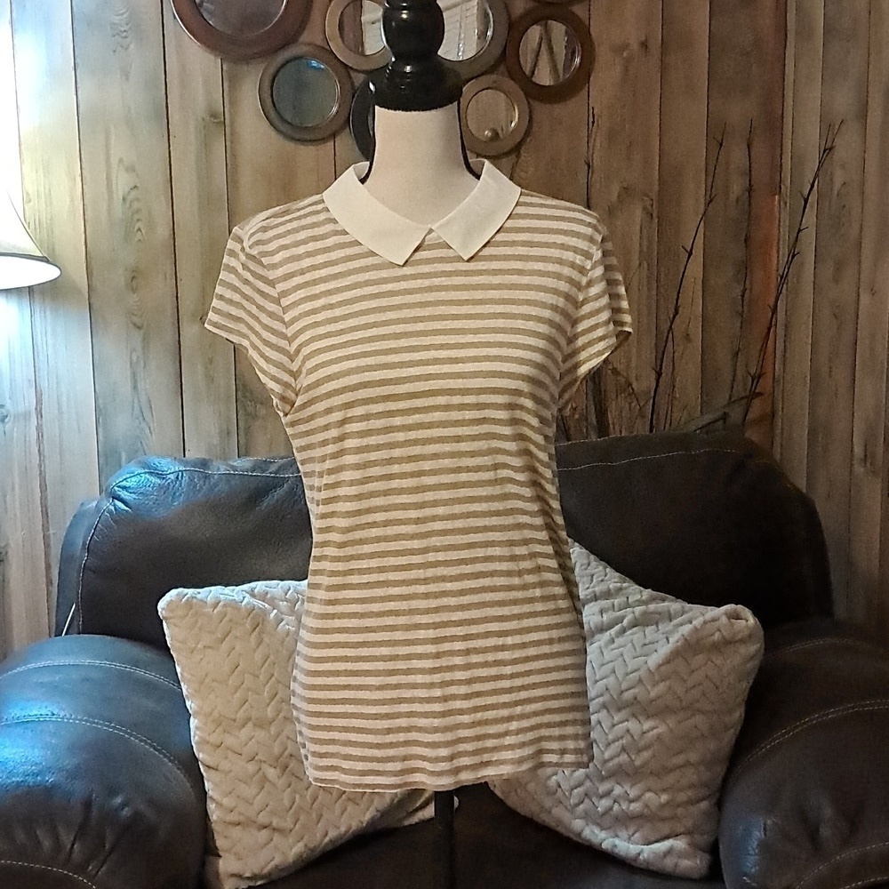 Ann Taylor Short Sleeve Striped Linen Top Blouse Nautical Business Casual Resort